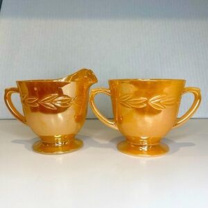 EUC Vtg Fire King Peach Lustreware Iridescent Cream Sugar Pair Laurel Pattern